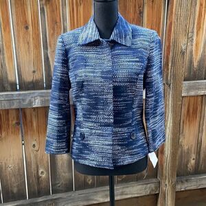 Jones New York Signature blazer snap blue white geometric Sz 6 FiRM on PRICE